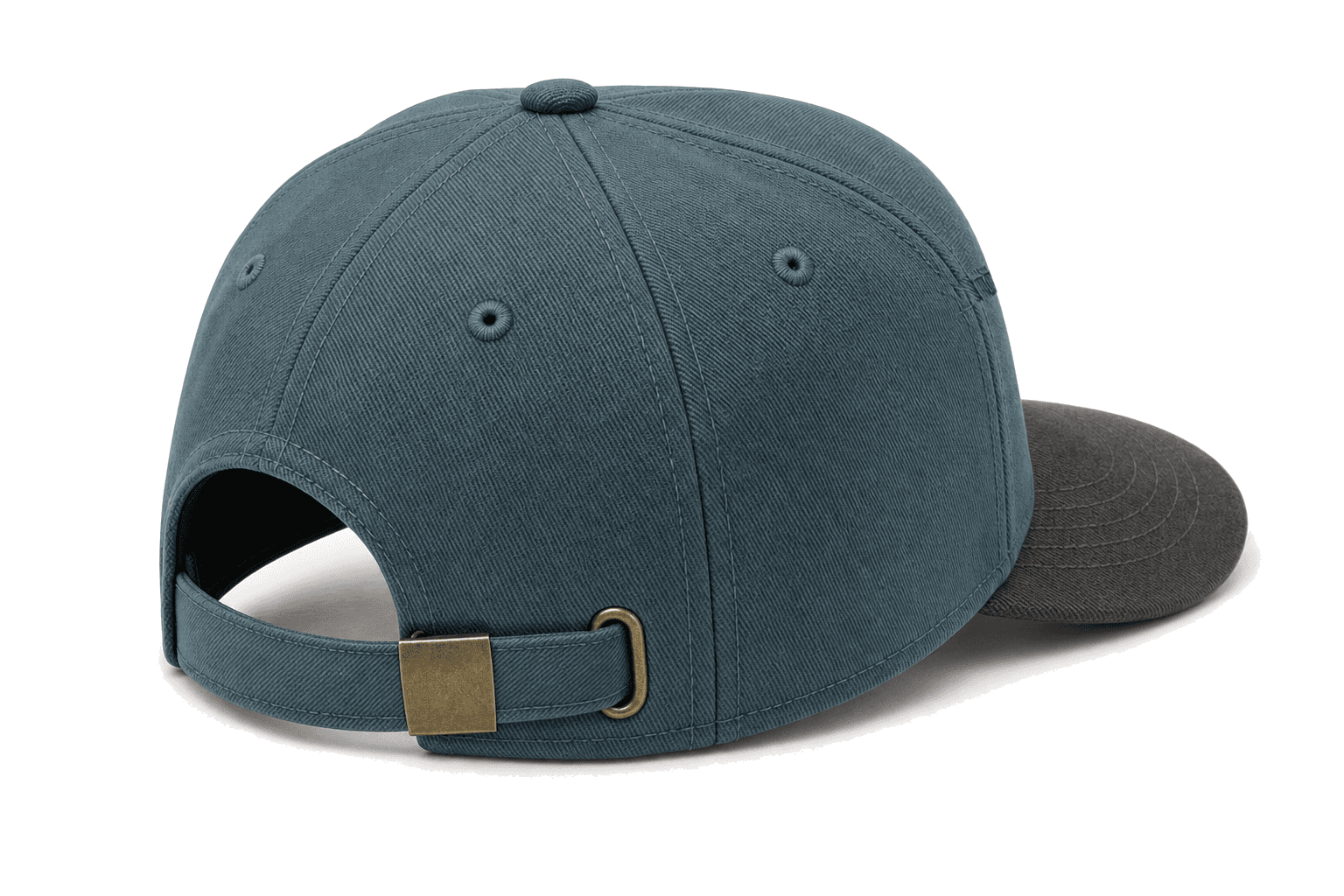 7P Buckle MSCS teal 7-panel slight curved cap back view with brass buckle closure