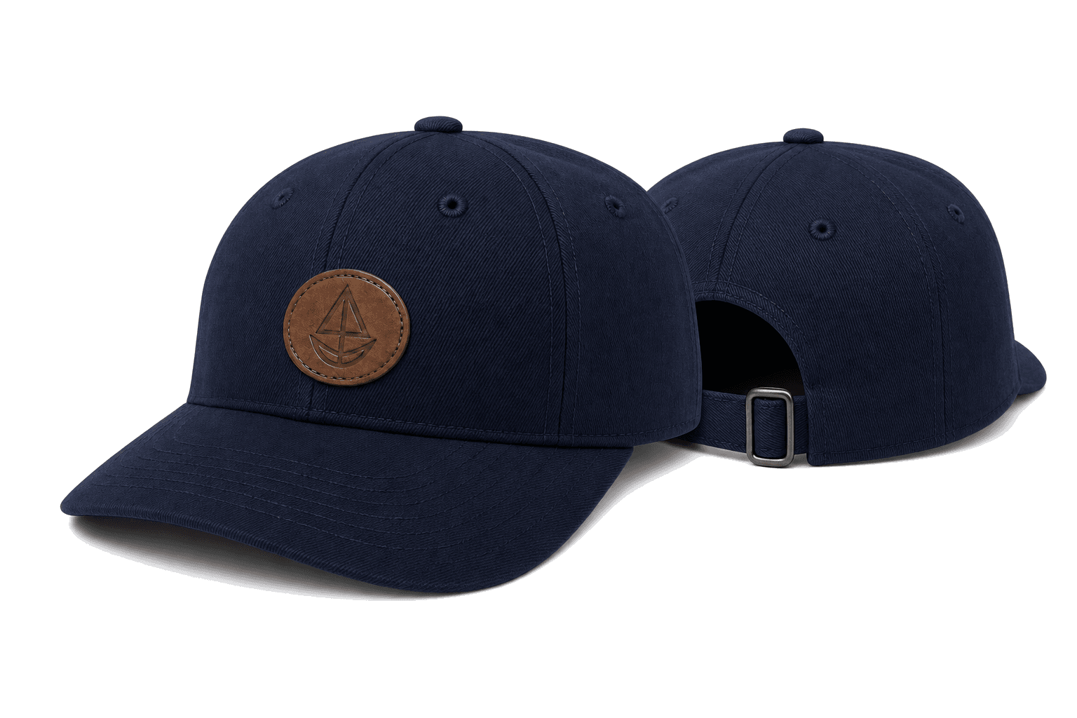 7P Ringbelt MSCS navy 7-panel slight curved structured cap front and back view with leather patch and metal ringbelt closure