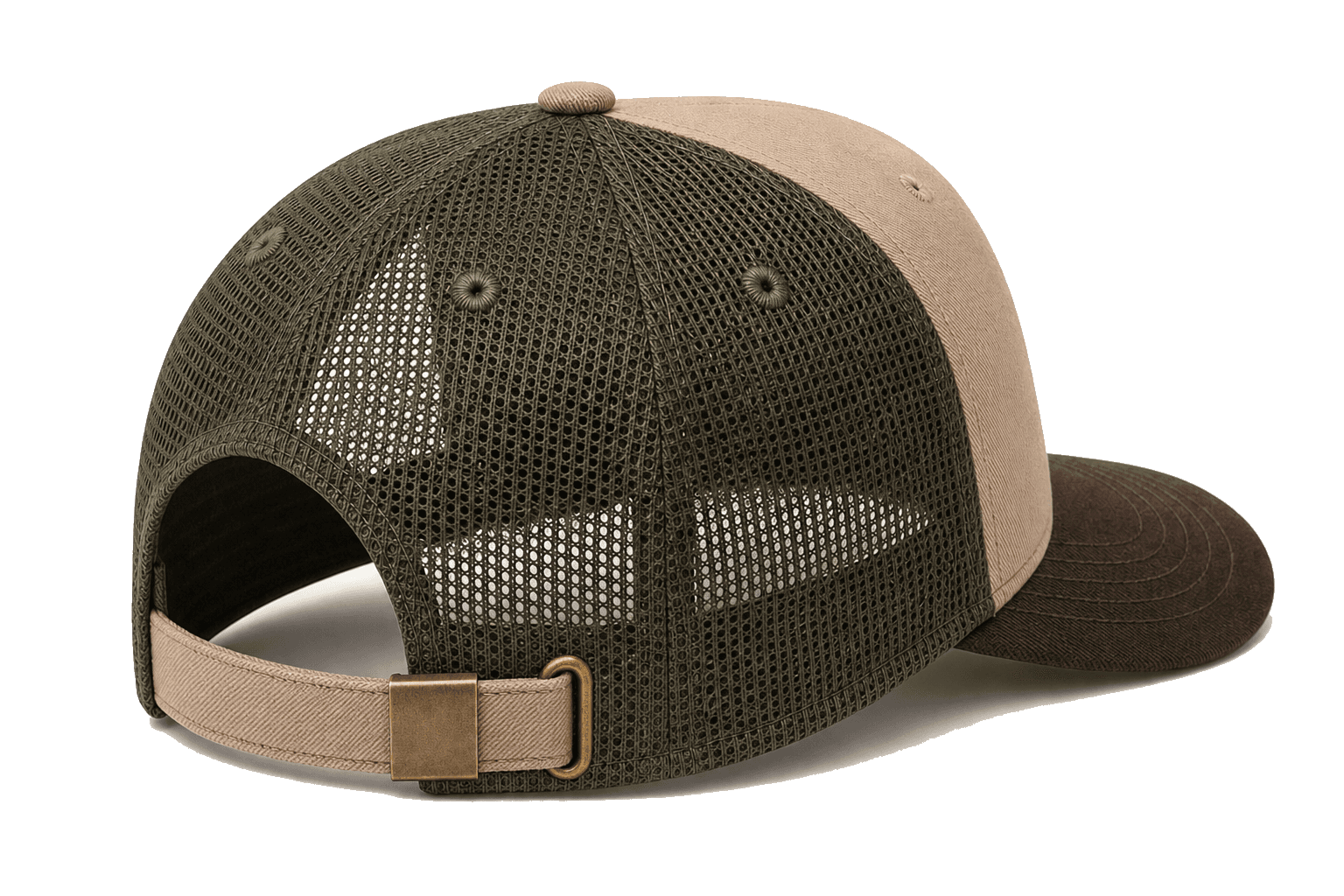 6P Buckle HSCS tan and olive 6-panel high profile slight curved structured cap back view with brass buckle closure