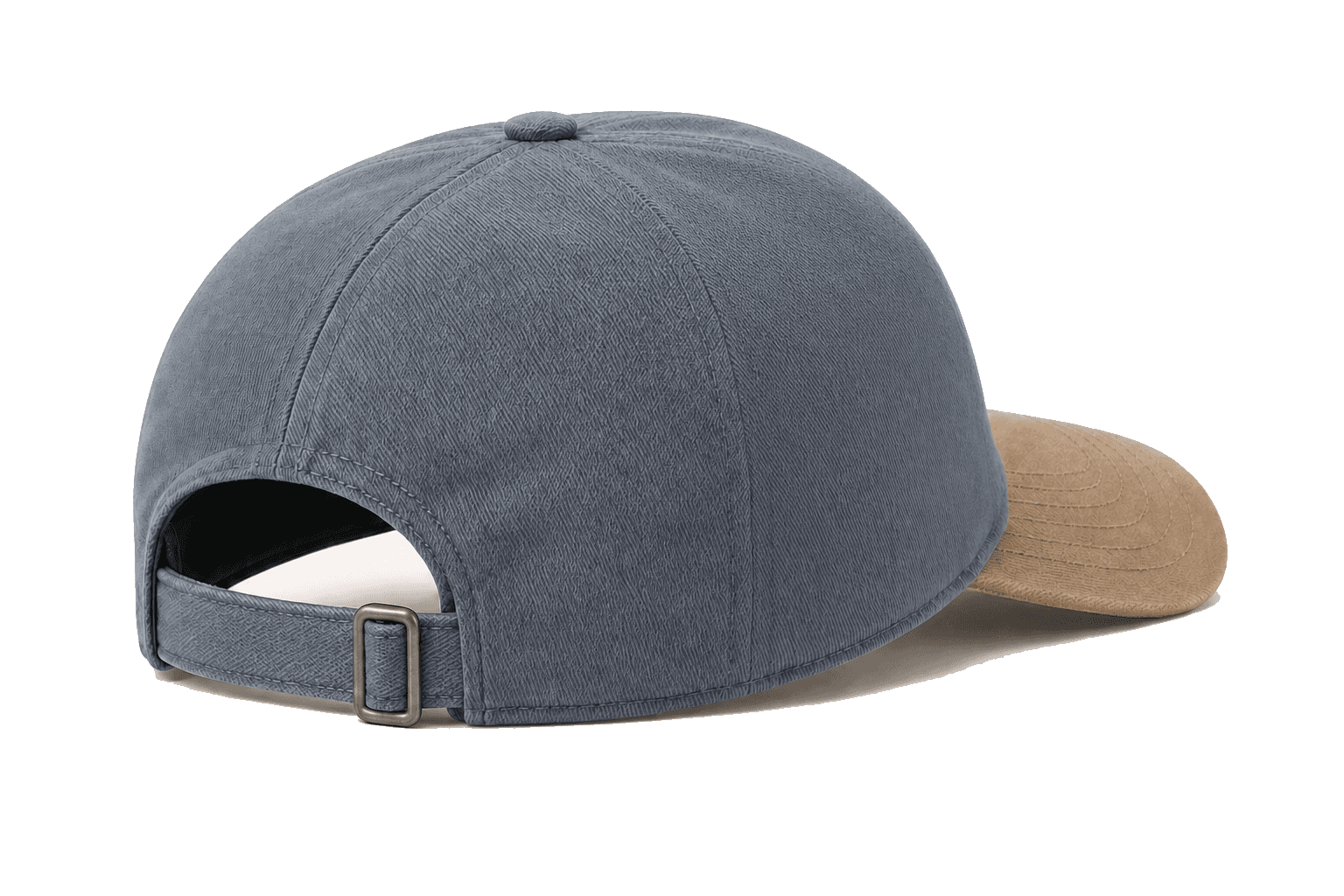 5P Ringbelt MCU blue-gray 5-panel mid profile curved bill cap back view with tan visor and rectangular metal ringbelt closure