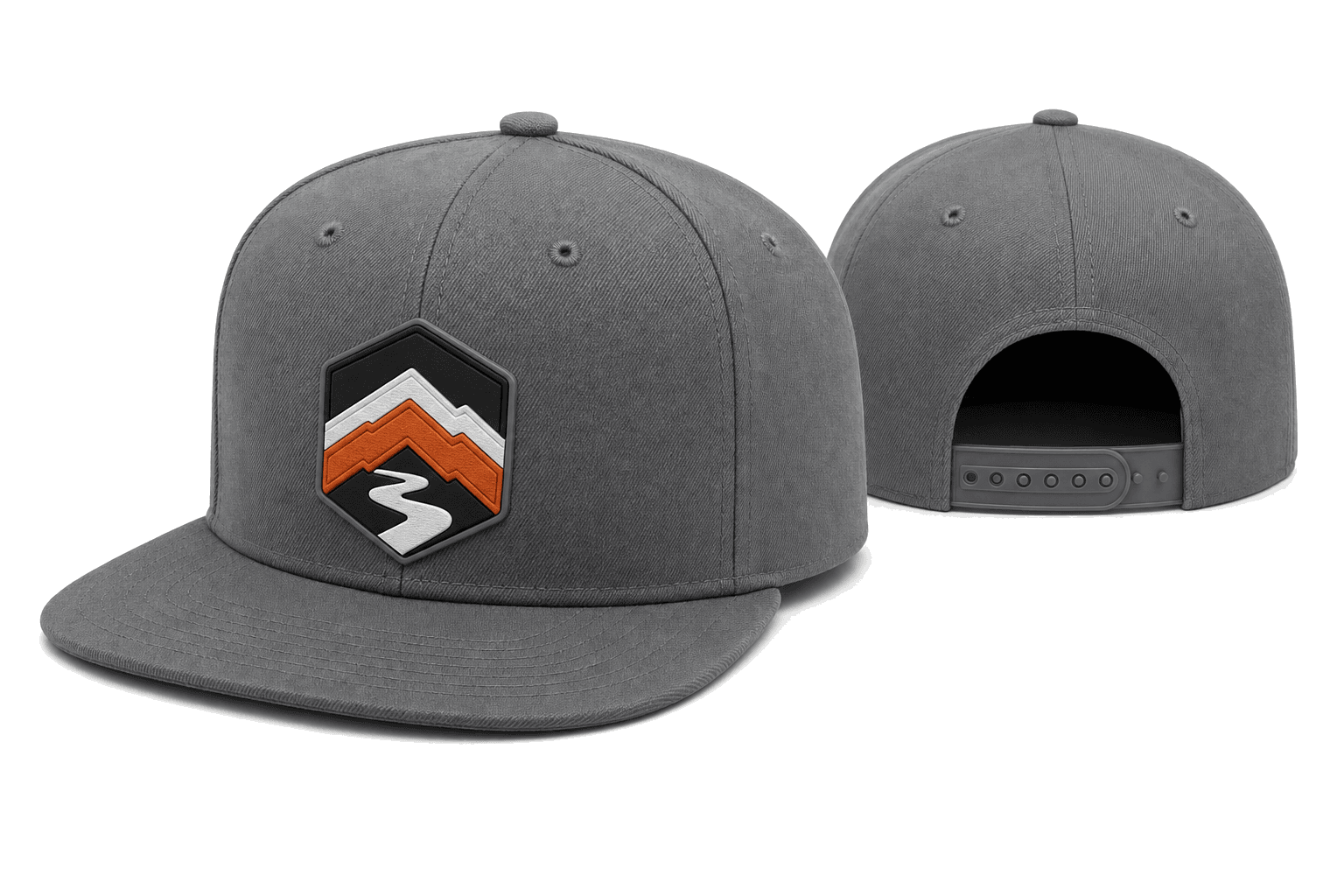 5P HFS gray 5-panel high profile flat bill snapback cap front and back view with rubber patch