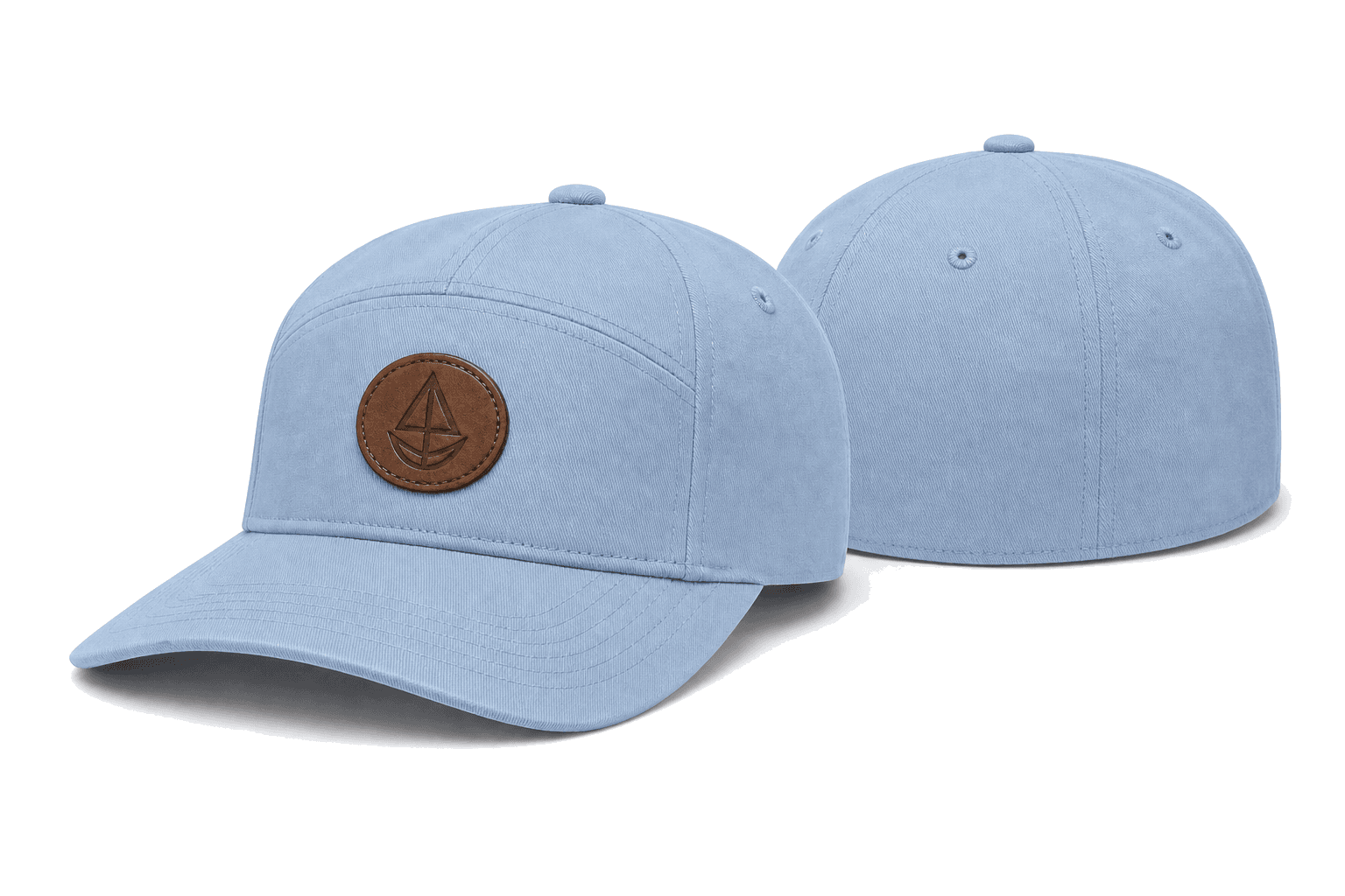 7P Fitted HSCS blue 7-panel high profile slight curved fitted cap front and back view with leather patch