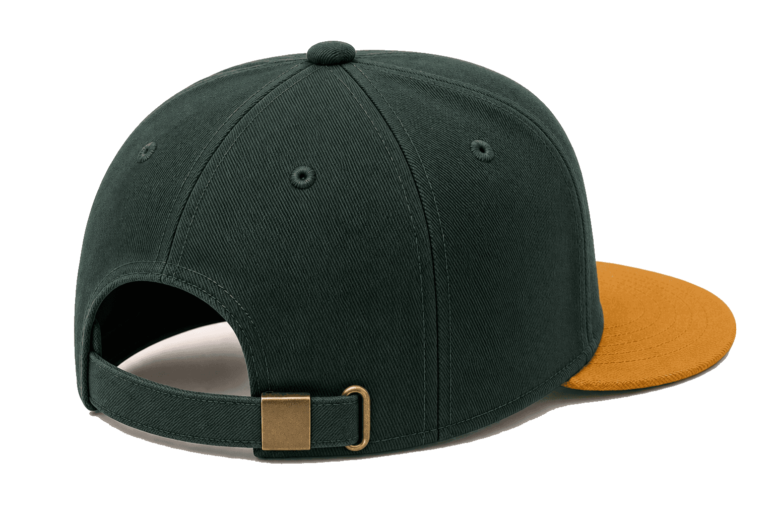 6P Buckle HFS dark green 6-panel high profile flat bill cap back view with brass buckle closure