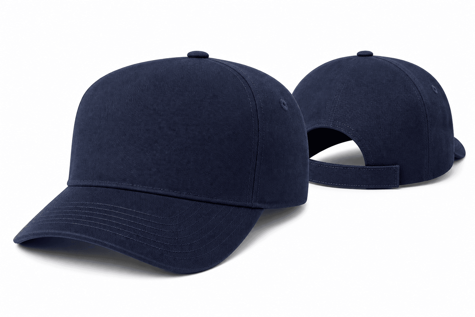 5P Velcro MCU navy true 5-panel cap front and rear views with fabric strap closure